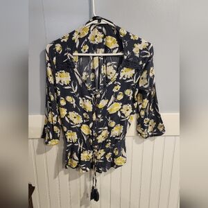 Angels Yellow Gold Floral Blouse Notched Collar